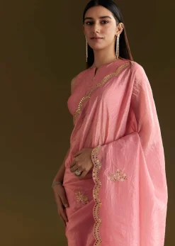 Pink Tissue Zardozi Saree With Scallop Border