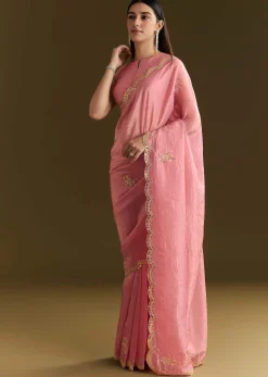 Pink Tissue Zardozi Saree With Scallop Border