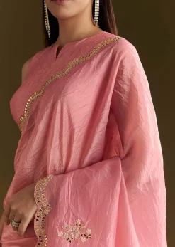 Pink Tissue Zardozi Saree With Scallop Border