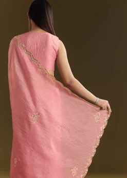 Pink Tissue Zardozi Saree With Scallop Border