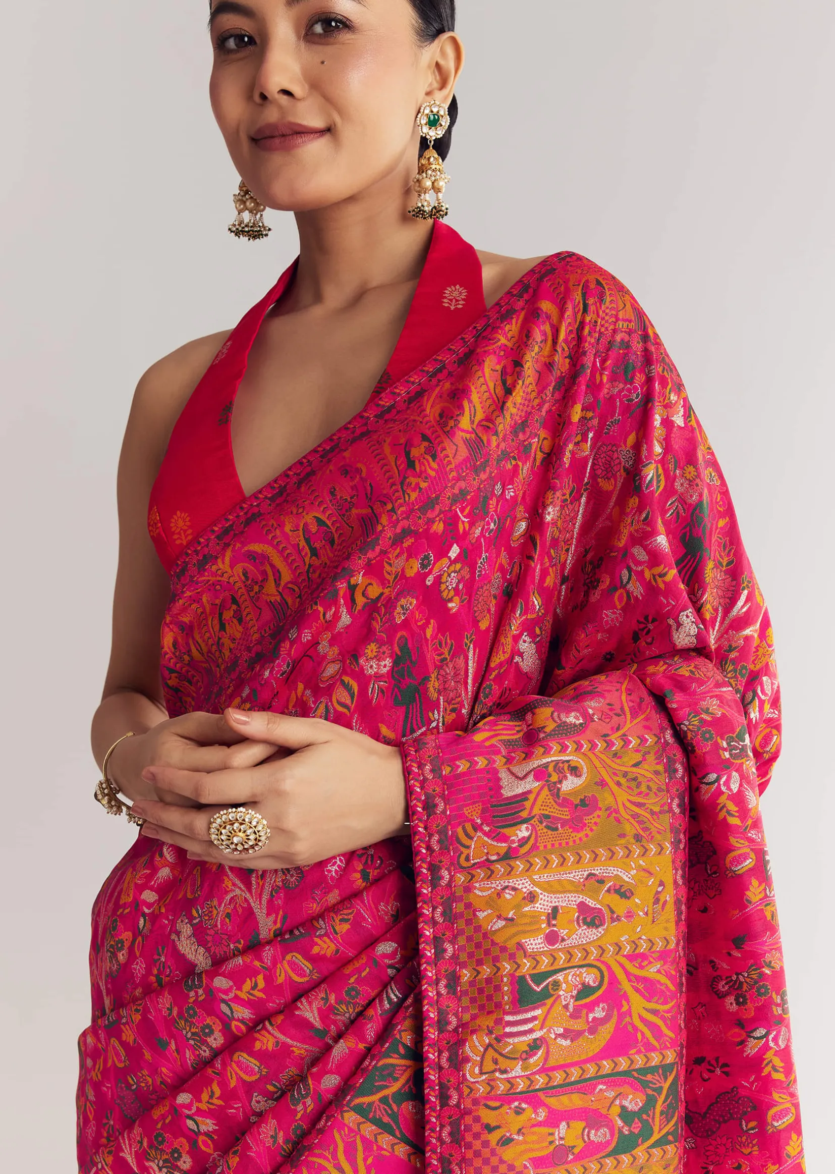 Pink Traditional Element Printed Woven Saree