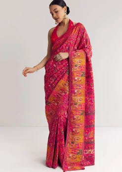 Pink Traditional Element Printed Woven Saree