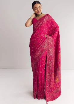 Pink Traditional Floral And Jaal Woven Saree