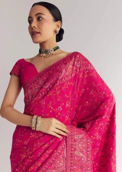 Pink Traditional Floral And Jaal Woven Saree