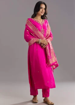 Pink Viscose Silk Kurta Set With Zari Moti and Cut Dana Work