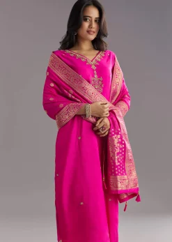 Pink Viscose Silk Kurta Set With Zari Moti and Cut Dana Work