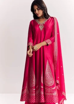 Pink Weave Silk Anarkali Suit With Dupatta
