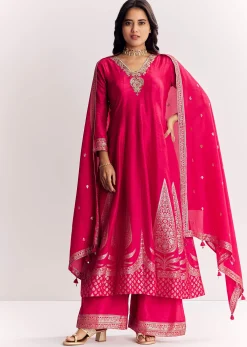 Pink Weave Silk Anarkali Suit With Dupatta