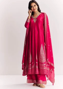 Pink Weave Silk Anarkali Suit With Dupatta