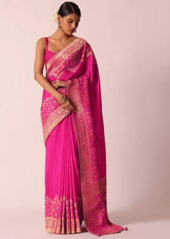 Pink Woven Saree In Silk With Bandhani Motifs And Unstitched Blouse Piece