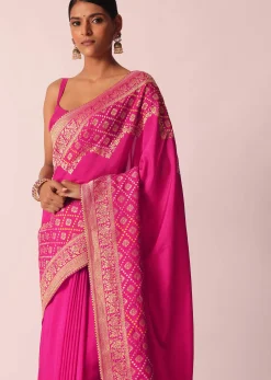 Pink Woven Saree In Silk With Bandhani Motifs And Unstitched Blouse Piece