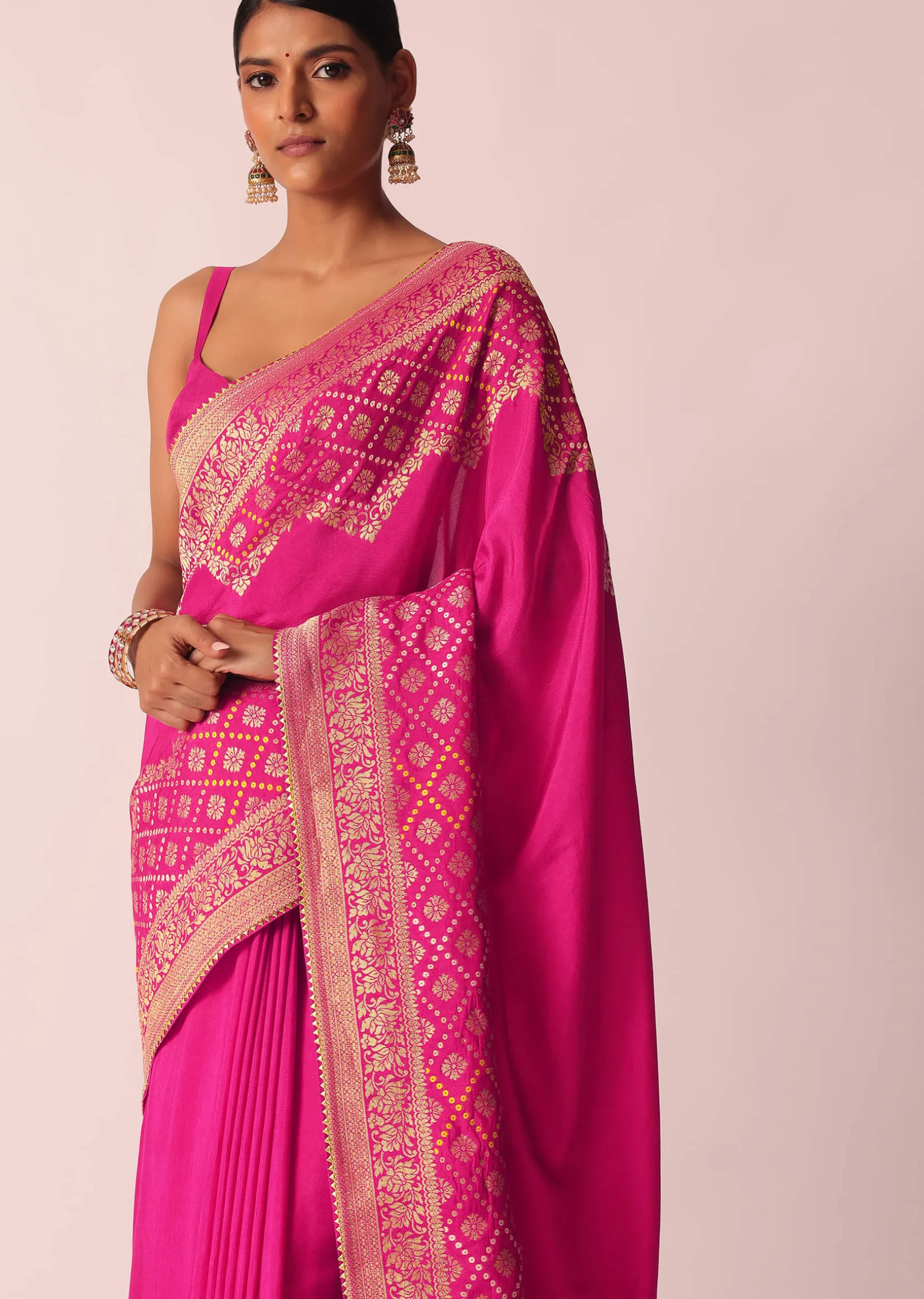 Pink Woven Saree In Silk With Bandhani Motifs And Unstitched Blouse Piece