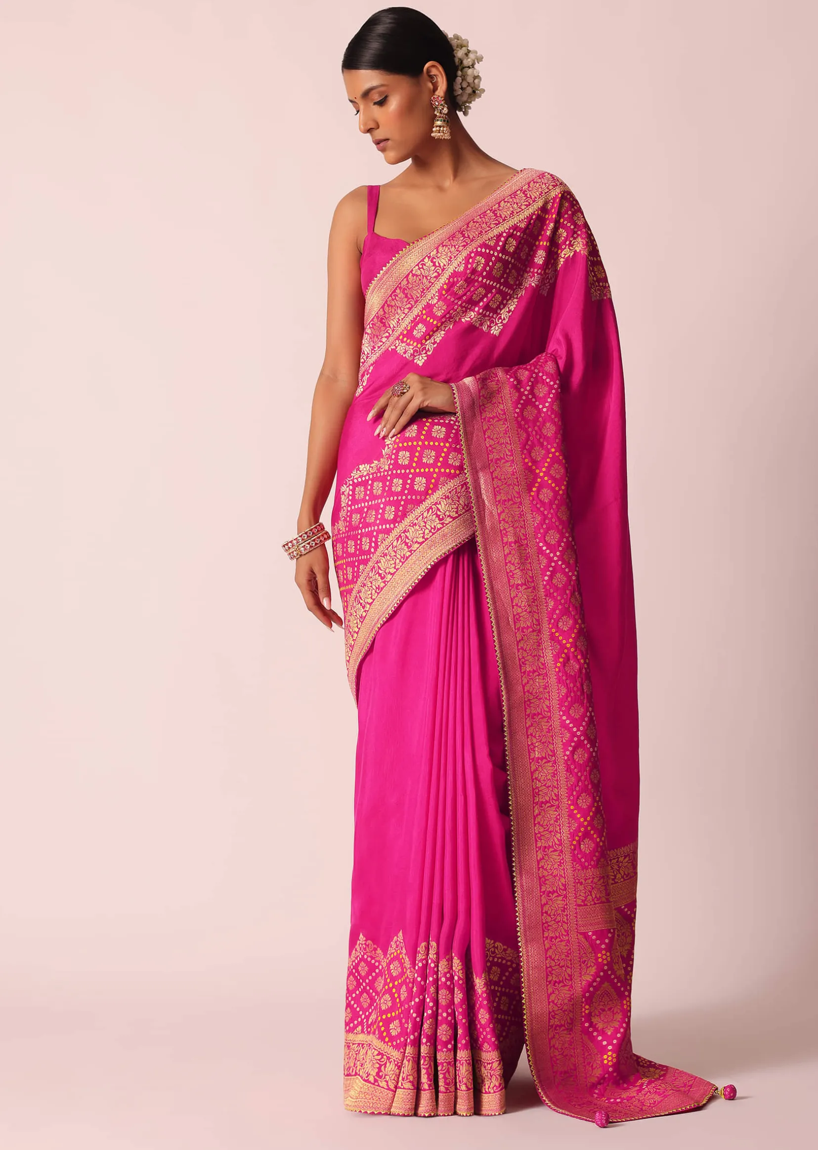 Pink Woven Saree In Silk With Bandhani Motifs And Unstitched Blouse Piece