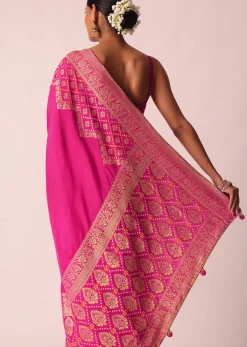 Pink Woven Saree In Silk With Bandhani Motifs And Unstitched Blouse Piece