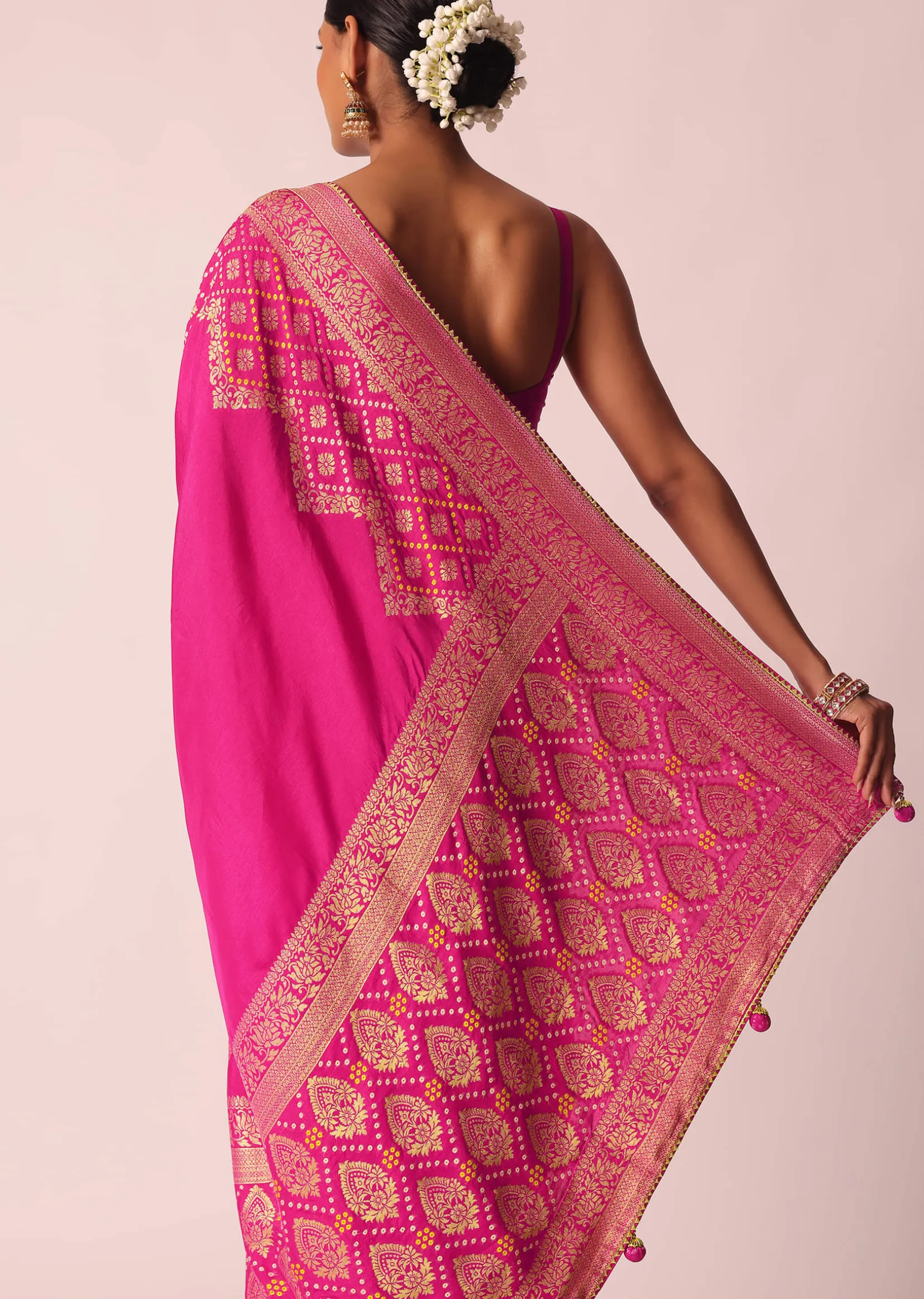 Pink Woven Saree In Silk With Bandhani Motifs And Unstitched Blouse Piece