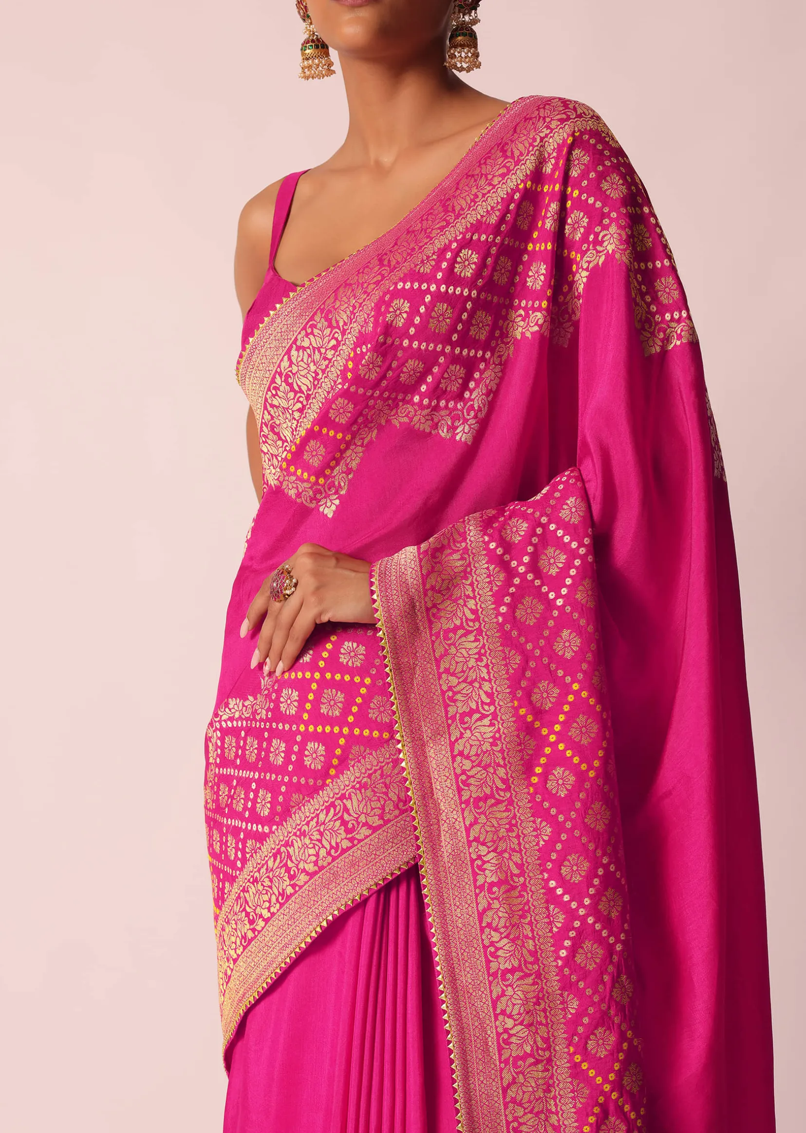 Pink Woven Saree In Silk With Bandhani Motifs And Unstitched Blouse Piece
