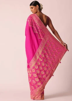 Pink Woven Saree In Silk With Bandhani Motifs And Unstitched Blouse Piece