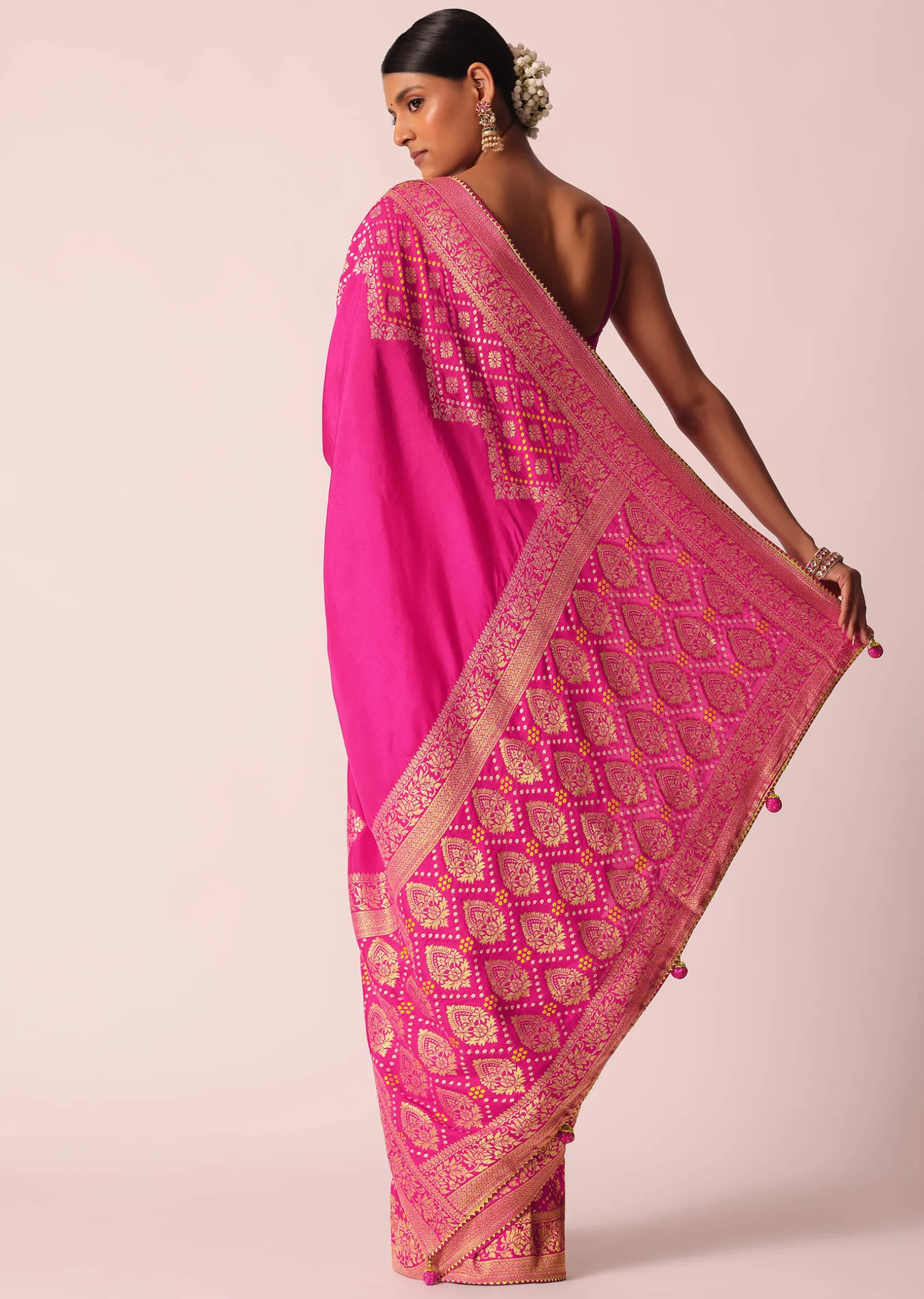 Pink Woven Saree In Silk With Bandhani Motifs And Unstitched Blouse Piece