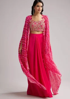 Pink Zardosi Cape Set With Crop Top And Skirt