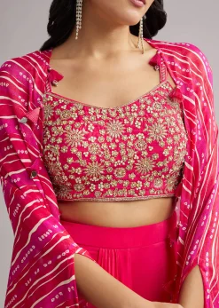 Pink Zardosi Cape Set With Crop Top And Skirt
