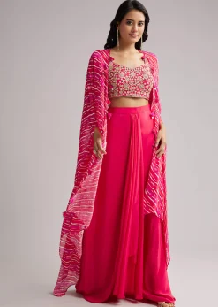 Pink Zardosi Cape Set With Crop Top And Skirt