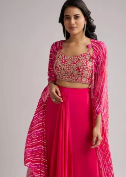 Pink Zardosi Cape Set With Crop Top And Skirt