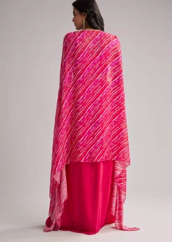 Pink Zardosi Cape Set With Crop Top And Skirt