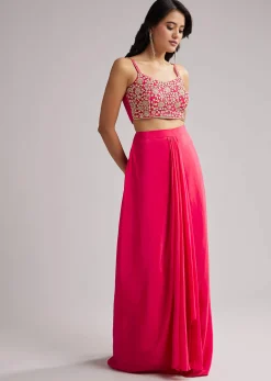 Pink Zardosi Cape Set With Crop Top And Skirt