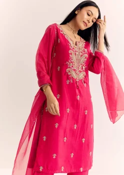 Pink Zardosi Work Dola Silk Kurta Pant With Organza Dupatta