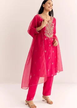 Pink Zardosi Work Dola Silk Kurta Pant With Organza Dupatta
