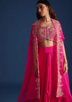 Pink Zardozi Embroidered Jacket With Skirt And Crop Top