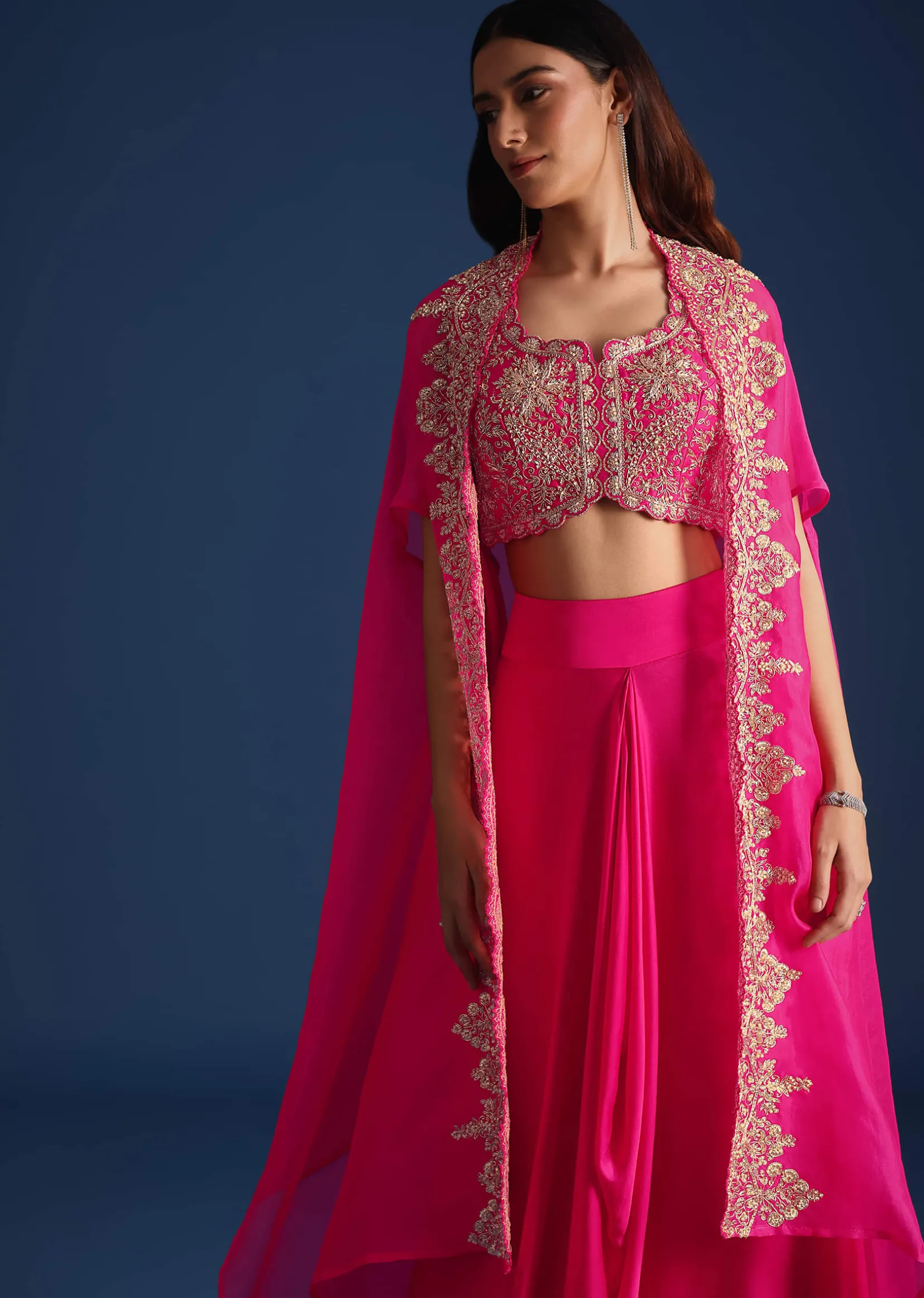 Pink Zardozi Embroidered Jacket With Skirt And Crop Top