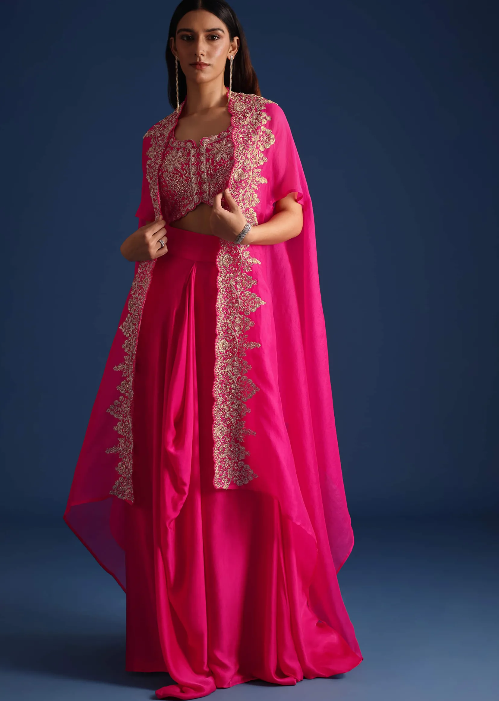 Pink Zardozi Embroidered Jacket With Skirt And Crop Top