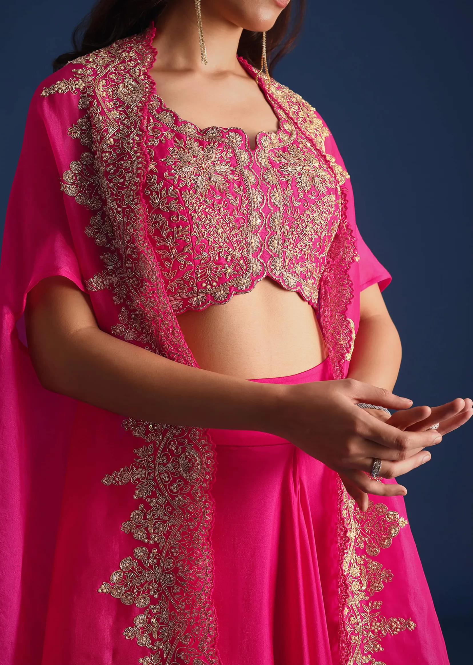 Pink Zardozi Embroidered Jacket With Skirt And Crop Top