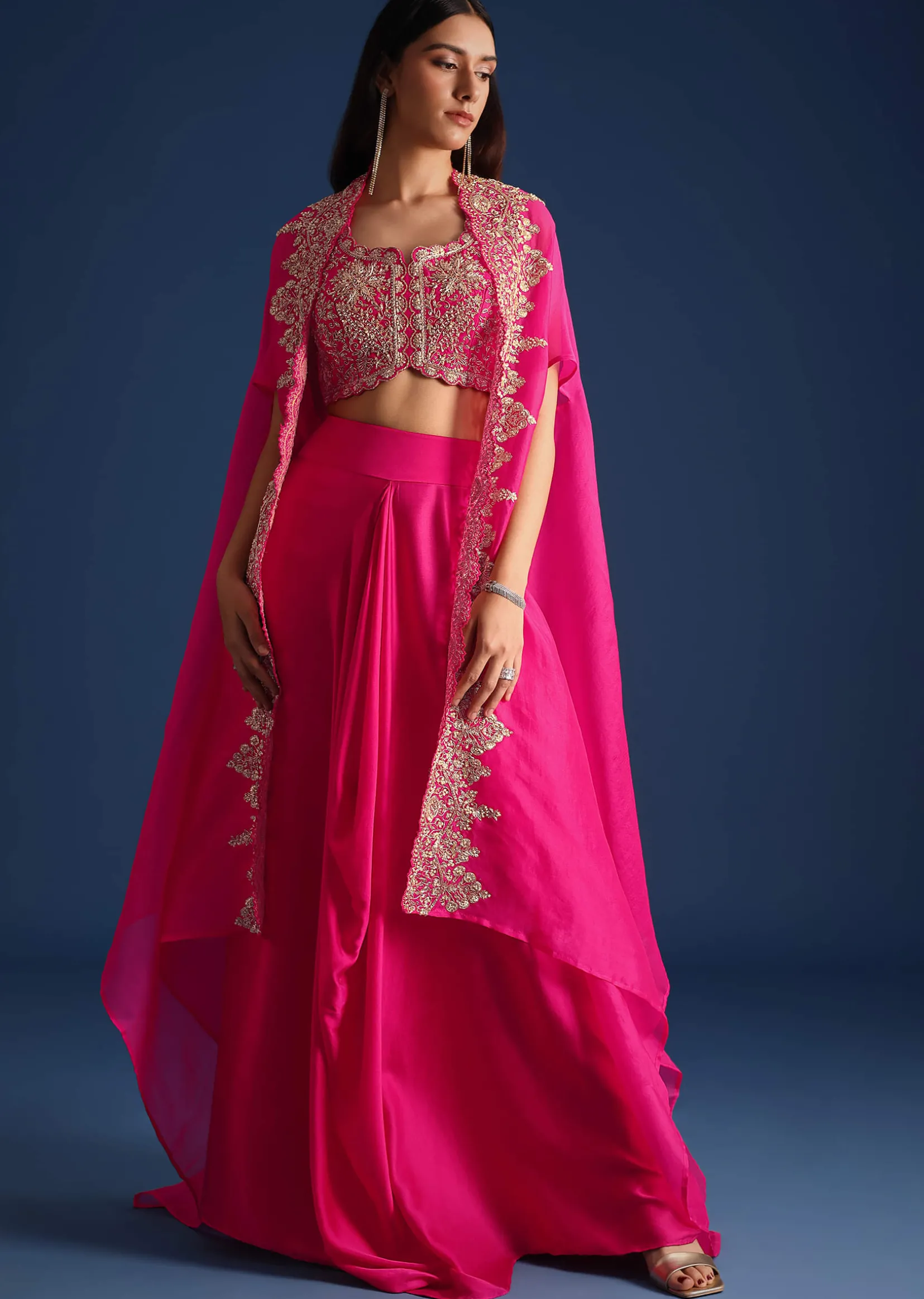 Pink Zardozi Embroidered Jacket With Skirt And Crop Top