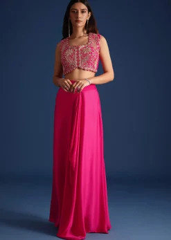 Pink Zardozi Embroidered Jacket With Skirt And Crop Top