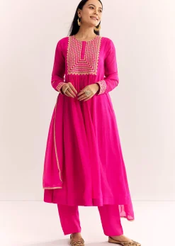 Pink Zari Neckline Chinon Anarkali Suit With Dupatta