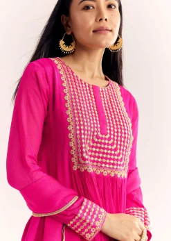 Pink Zari Neckline Chinon Anarkali Suit With Dupatta