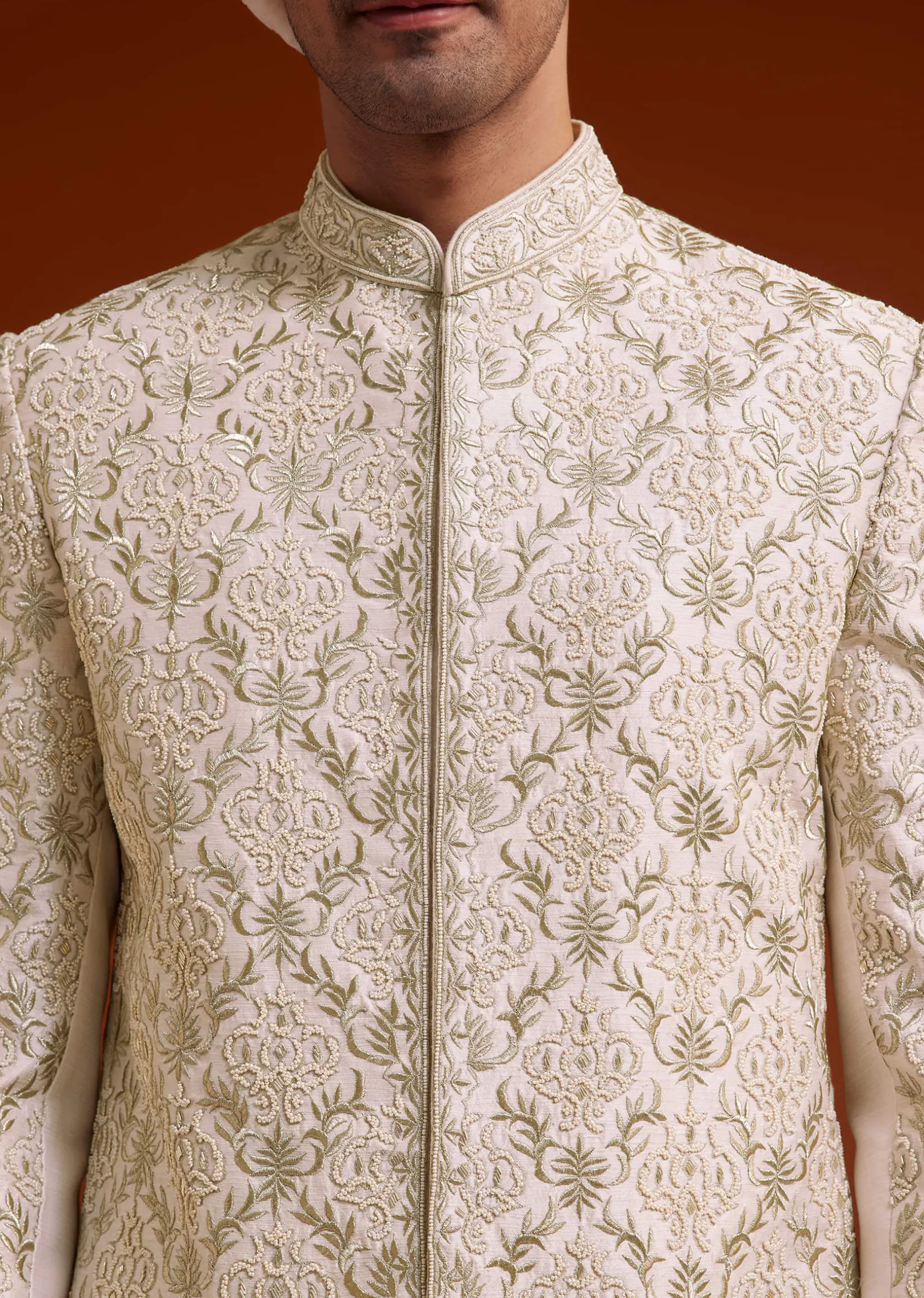 Pink Zari Pearl and Resham Embroidered Sherwani Set