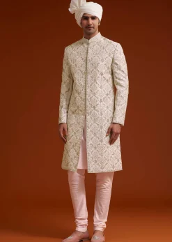 Pink Zari Pearl and Resham Embroidered Sherwani Set