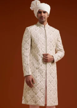 Pink Zari Pearl and Resham Embroidered Sherwani Set