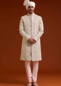 Pink Zari Pearl and Resham Embroidered Sherwani Set