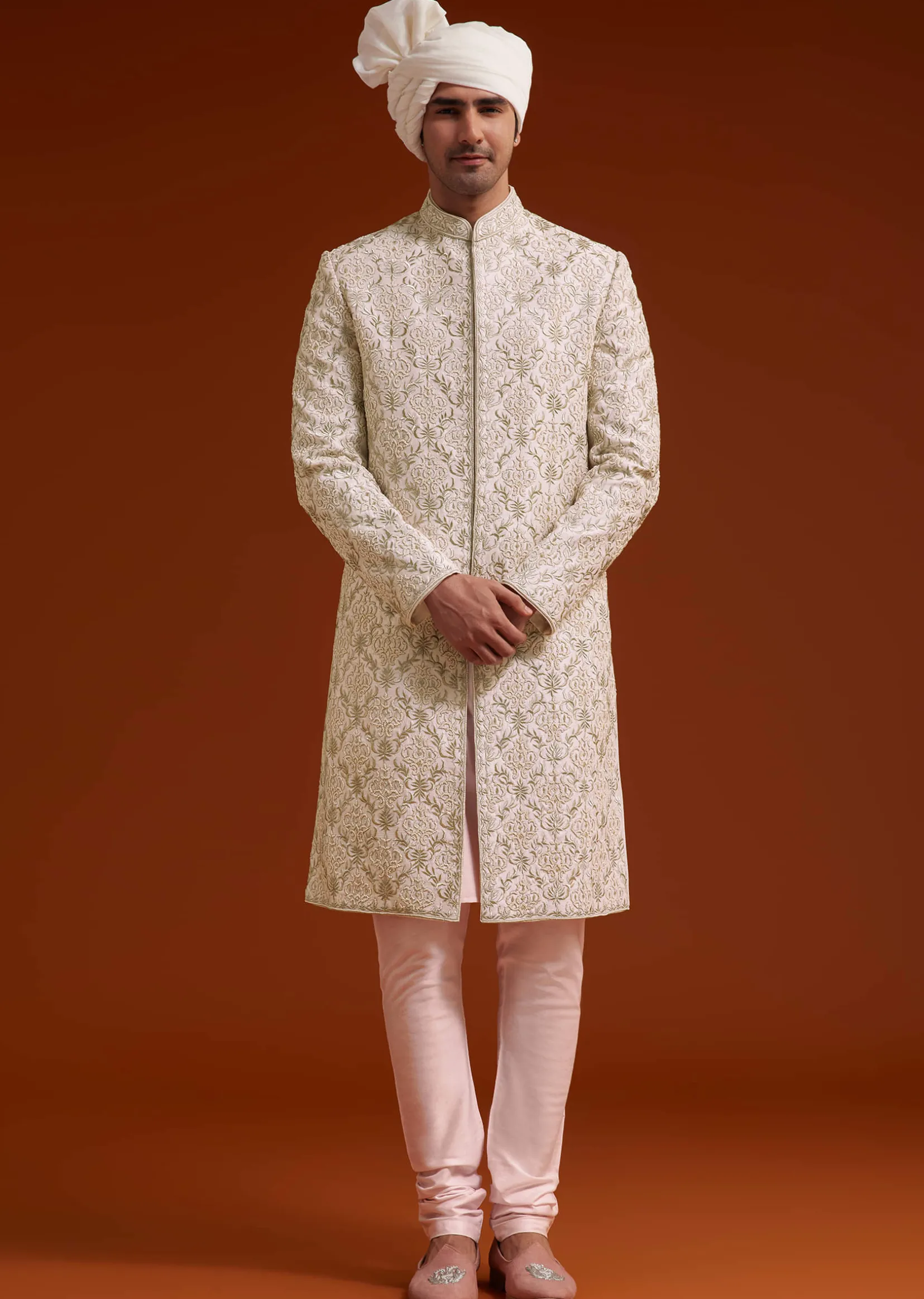 Pink Zari Pearl and Resham Embroidered Sherwani Set