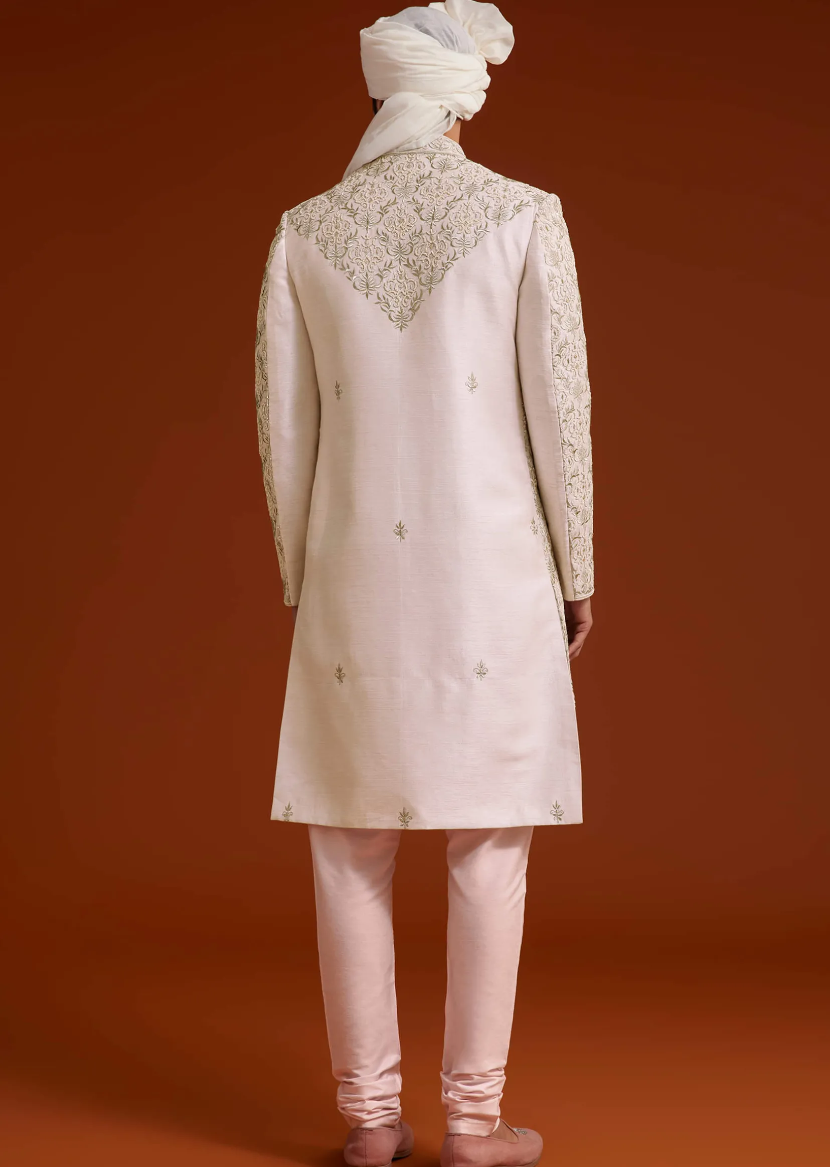 Pink Zari Pearl and Resham Embroidered Sherwani Set