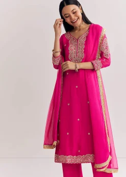 Pink Zari Work Kurta Set With Chiffon Dupatta