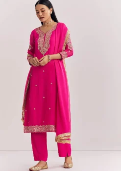 Pink Zari Work Kurta Set With Chiffon Dupatta