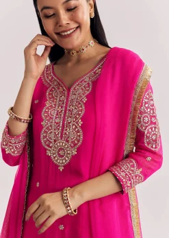 Pink Zari Work Kurta Set With Chiffon Dupatta