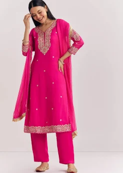 Pink Zari Work Kurta Set With Chiffon Dupatta