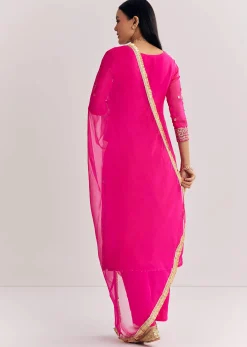 Pink Zari Work Kurta Set With Chiffon Dupatta