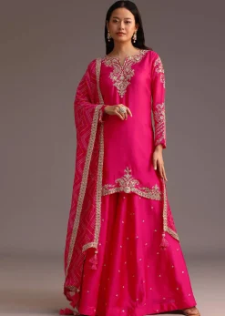 Pink Zari Work Palazzo Set With Organza Dupatta
